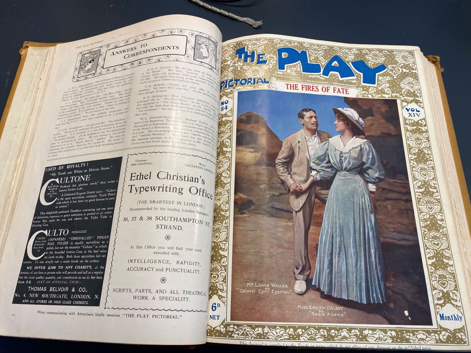 a spread from a magazine compilation book featuring a poster for a play called the fires of fate 